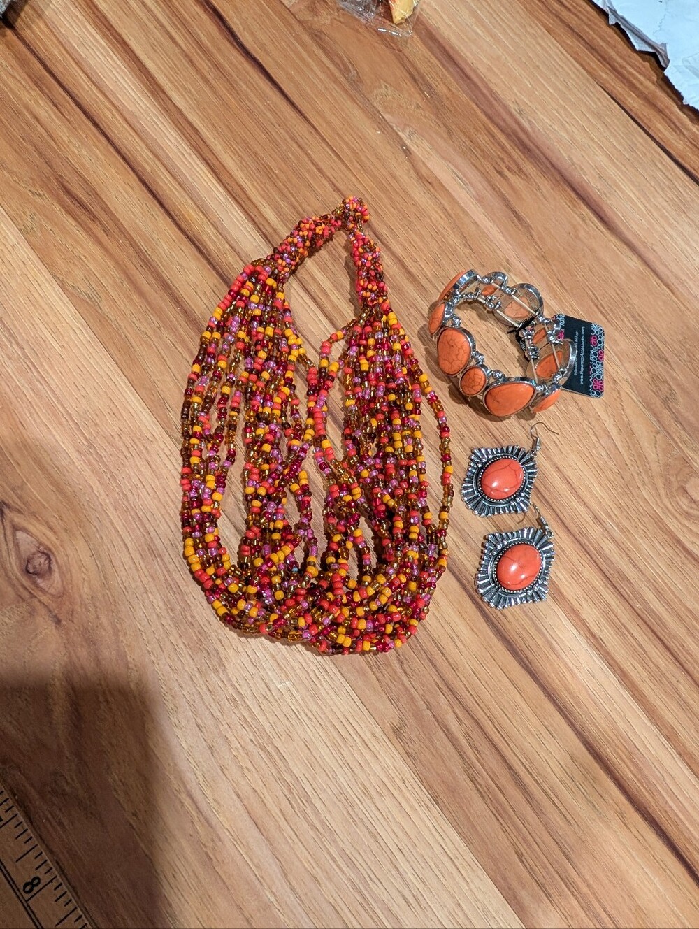 Multistrand Beaded Necklace in Red, Orange, Yellow and Pink With Matched Bracel
